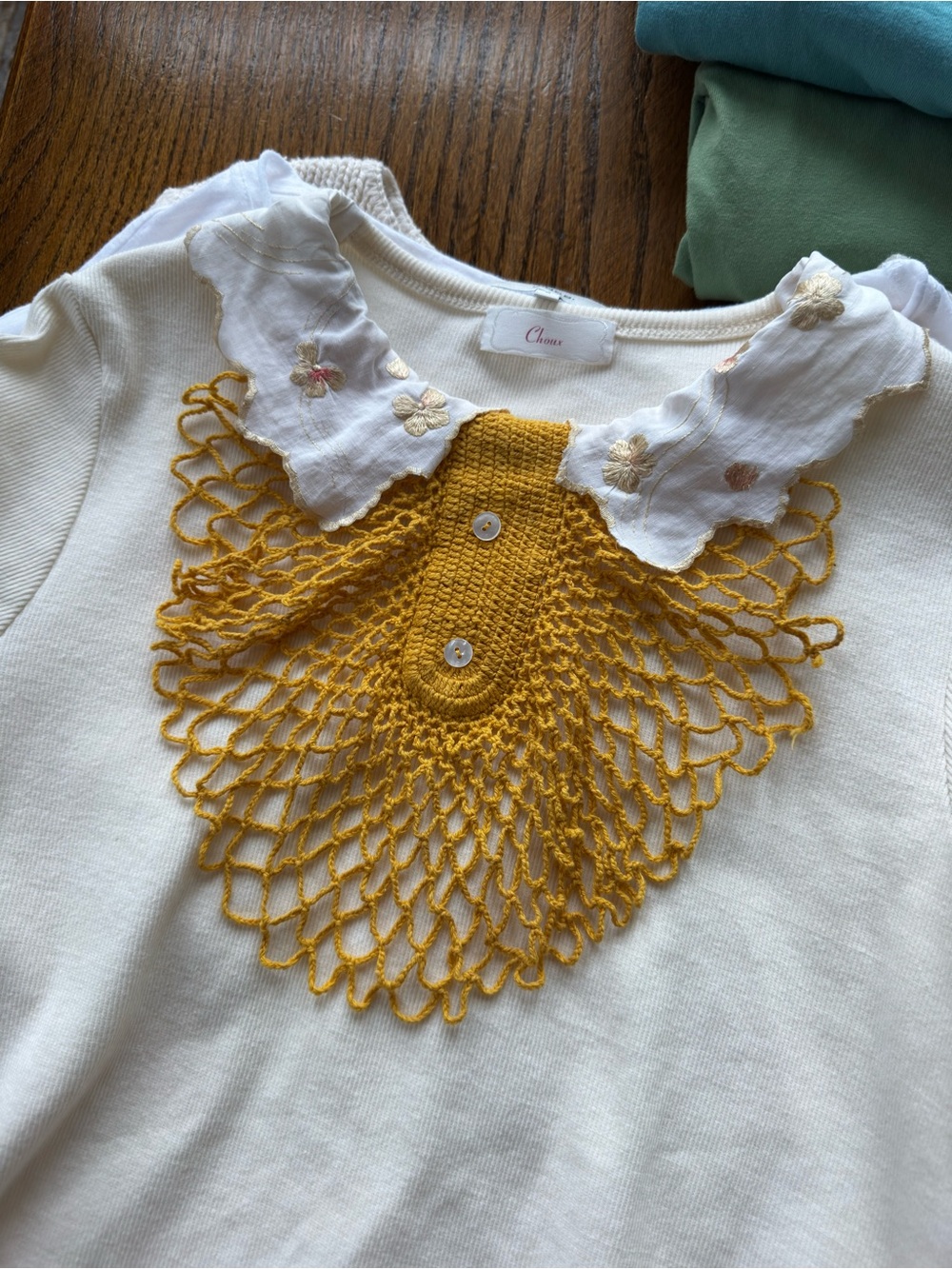 Cream and Mustard Peterpan and Crochet Collar Ribbed Long Sleeve Top Small - Picture 4 of 4